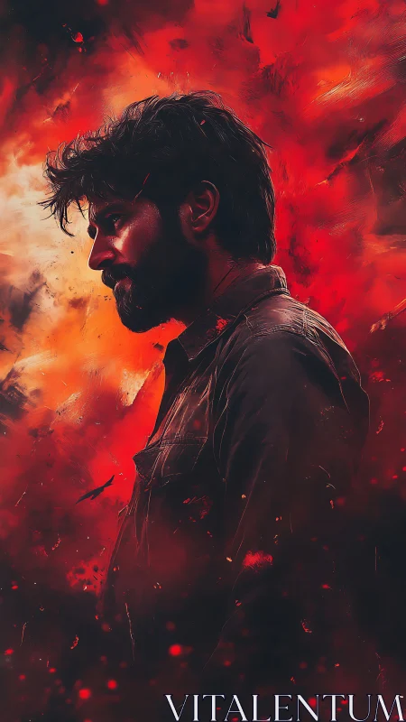 Brooding male profile against infernal red painterly blaze.