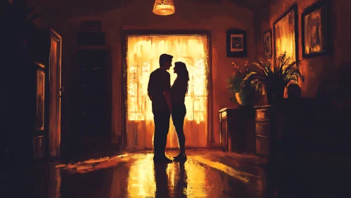 Silhouetted couple silhouettes backlit by golden interior window luminescence and warm ambient light
