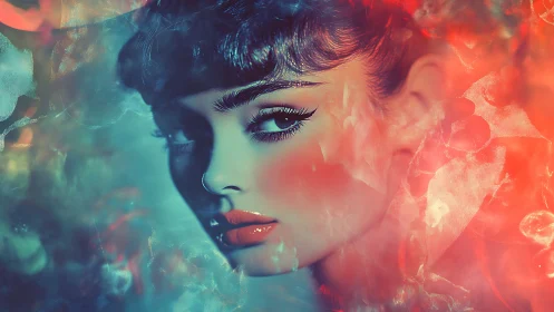 Dreamy neon portrait bathed in soft teal and coral light.
