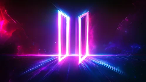 Neon portal doorway in vivid cosmic space scene.