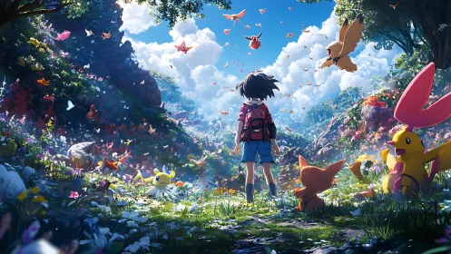 Child explorer observes luminous creature-filled anime valley