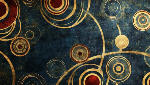 Abstract gold and red concentric circles on textured blue background.