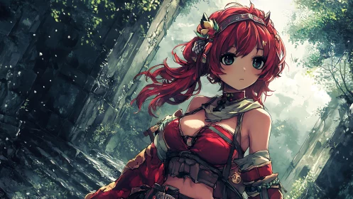 Red-haired anime girl in overgrown stone ruins environment.