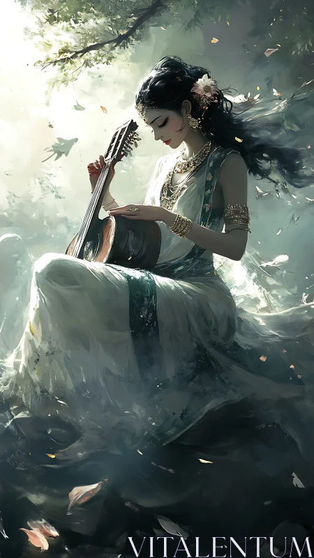 Ethereal musician cradles lute in windlit forest glade.