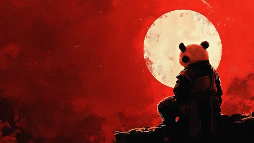 Lone panda warrior resting beneath a bold crimson moon.