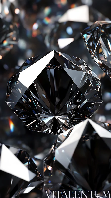 Photorealistic macro rendering of faceted black diamonds.