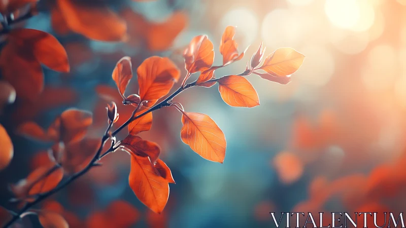 Autumn branch closeup in dreamy warm bokeh light.