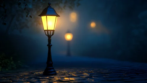 Soft lamplight guiding a misty cobblestone night walk.