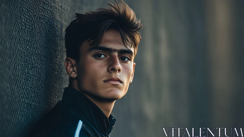 Brooding young man leans on textured wall in moody twilight