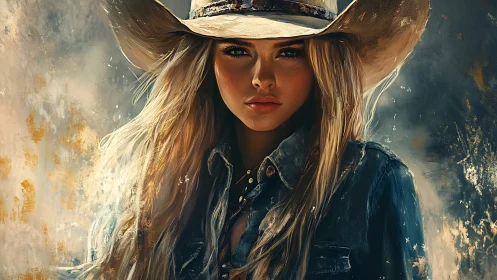 Cowgirl portrait merges rugged denim and golden light.