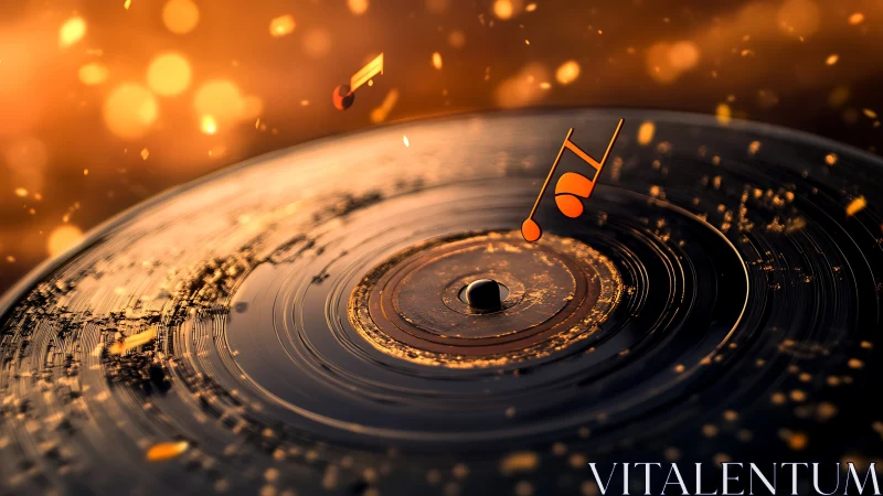 Glowing music notes rise from spinning vinyl record surface