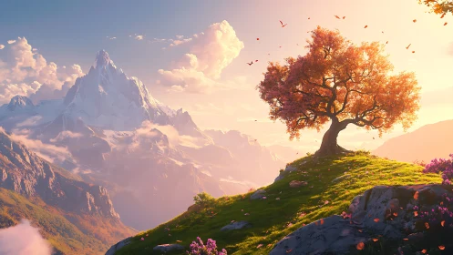 Lone blossoming tree crowns a sunlit mountain ridge at dusk.