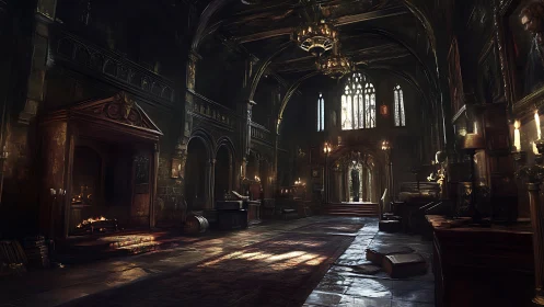 Gothic great hall interior with candlelit arches and firelight.