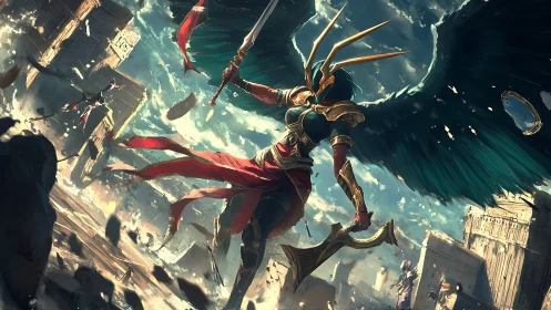 Winged warbringer carves stormlit justice through ruins