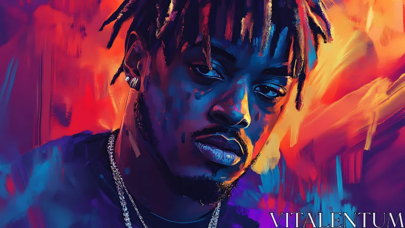 Neon-lit portrait of a brooding rapper in blazing colors.