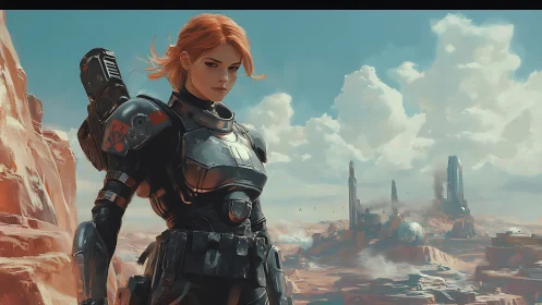 Armored redhead sentinel guarding a sci-fi desert outpost.