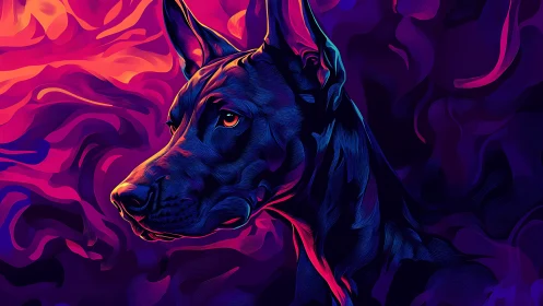 Neon canine portrait glows against swirling violet backdrop