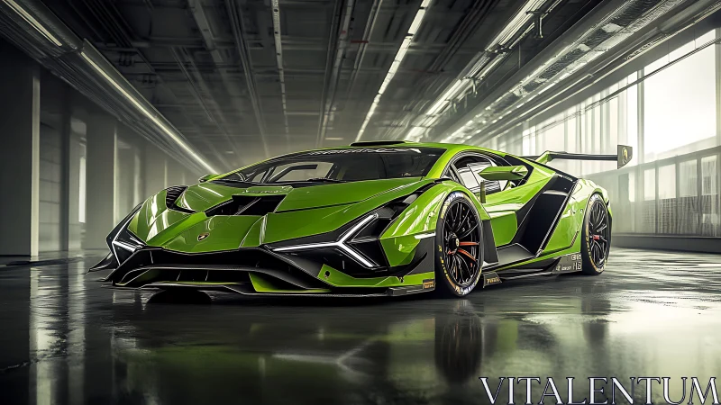 Neon-green hypercar prowls a mirrored industrial lair.