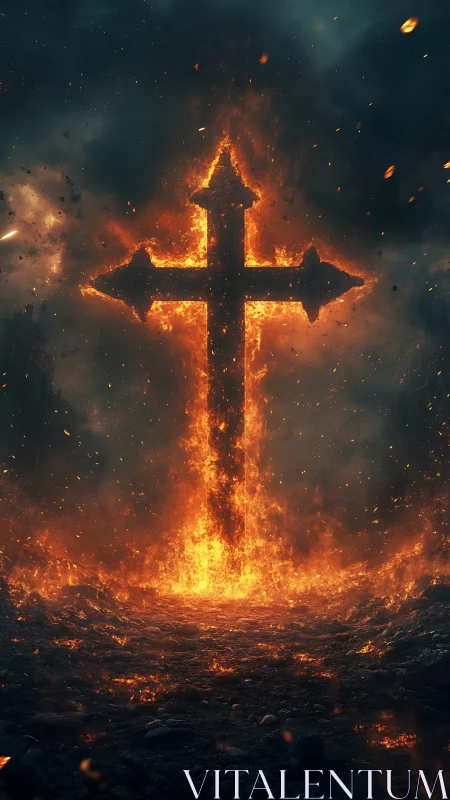 Flaming cruciform monolith in apocalyptic vertical composition.