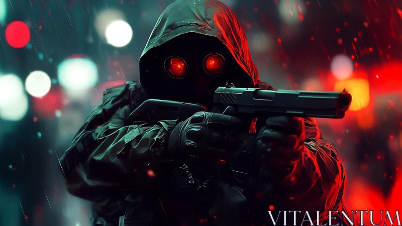 Hooded gunman in rain-soaked neon bokeh with red optic lenses