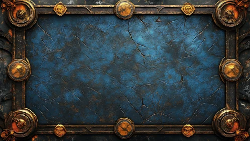 Rectangular blue textured panel framed by ornate gold border