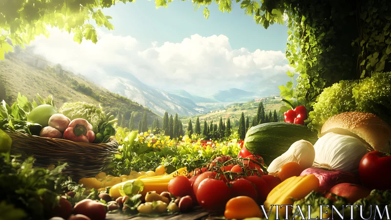 Photorealistic garden harvest still life with pastoral vista.