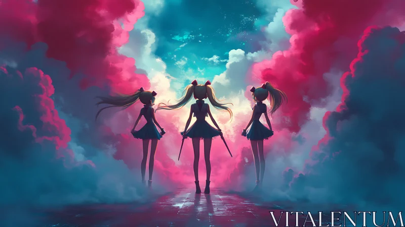 Three anime girls stand in glowing pink and blue clouds