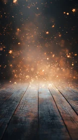 Wooden Floorboards with Particle Light Bokeh in Upward Perspective Composition