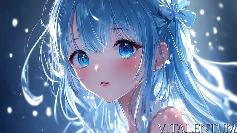 Glimmering blue-haired girl in a dreamy starlit hush.