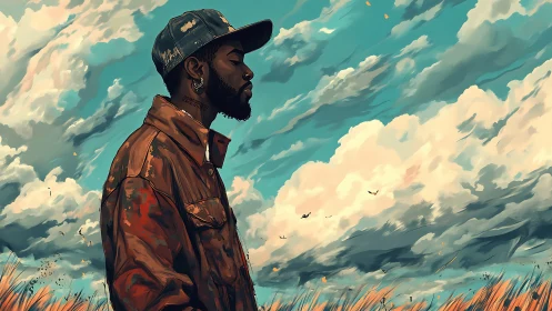 Quiet skywalk with a thoughtful stranger in tall grass.