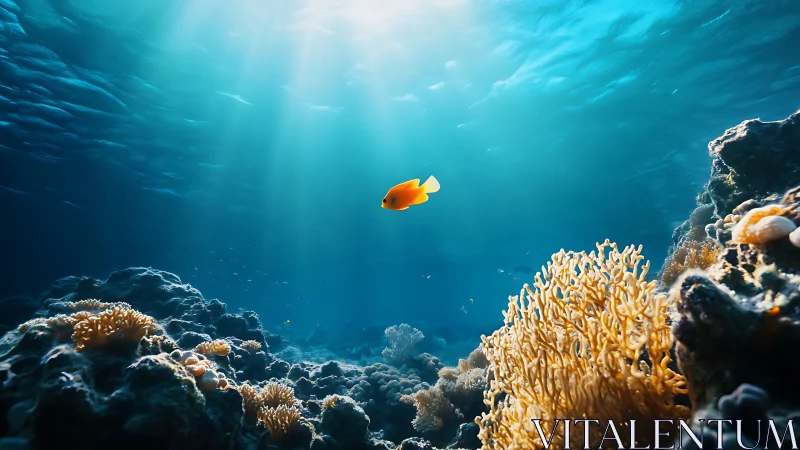 Single orange fish over sunlit coral reef underwater scene.
