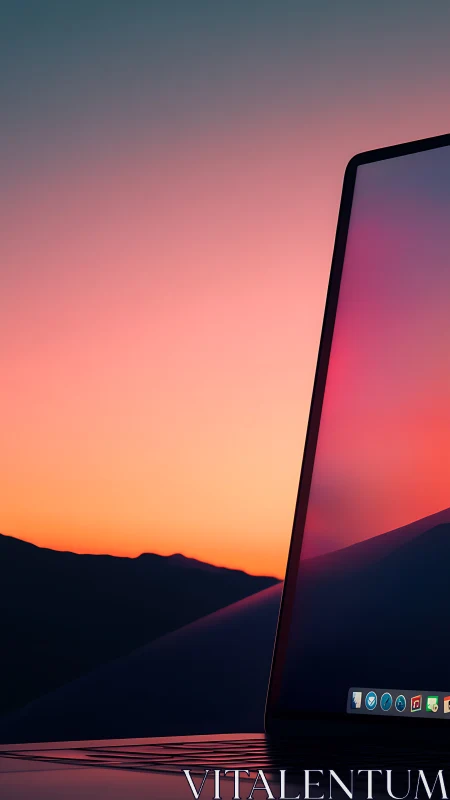 Slim laptop screen against vivid orange sunset sky.