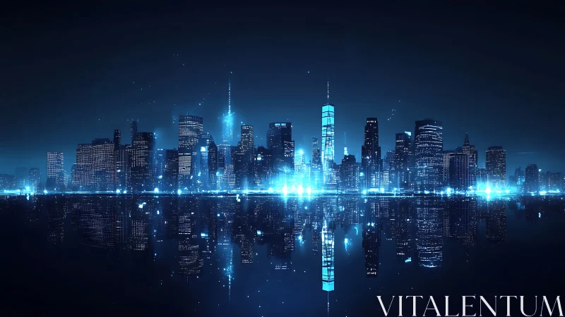 Futuristic blue city skyline with reflective waterfront surface.