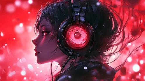 Side profile of girl with headphones in red digital glow.
