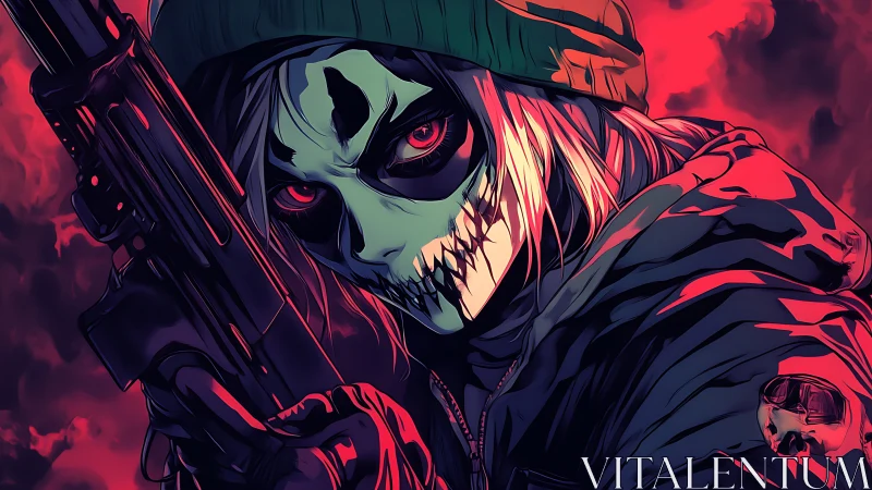 Neon-lit skull-masked gunner rendered in high-contrast cel shading