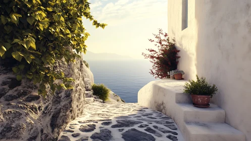 Sunlit coastal stone path beside whitewashed buildings.