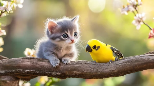 Curious kitten and bright yellow bird on a tree branch, springtime style.