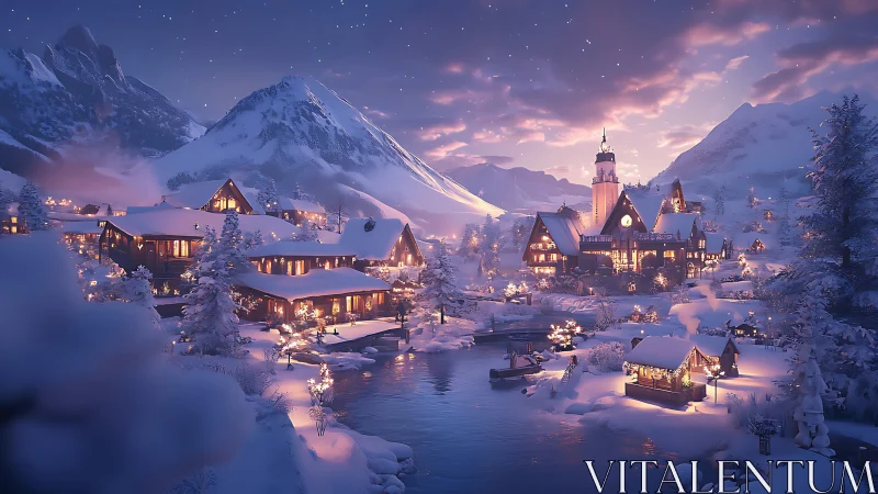 Snowlit alpine village dreaming beneath lavender twilight.