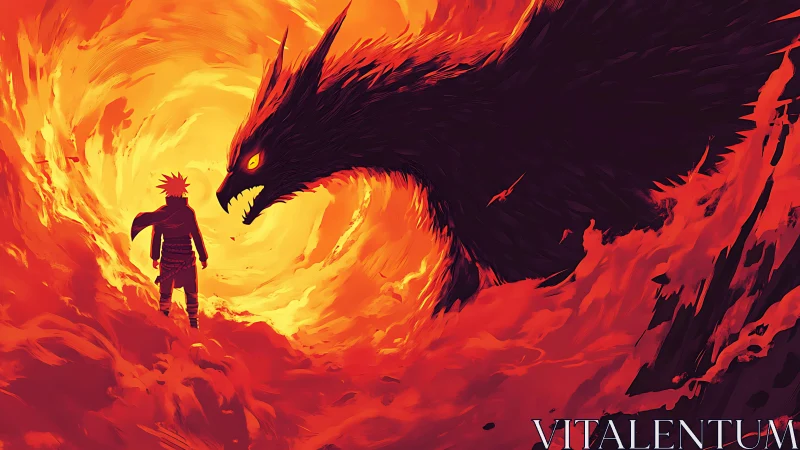 Inferno-bound warrior confronting colossal flame beast.