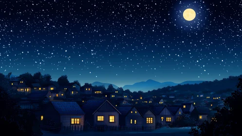 Moonlit village skyline under dense starry night sky.