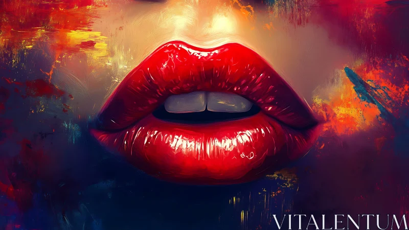 Velvet red lips glow against a storm of vivid color and light