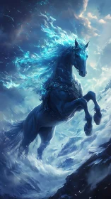 Mythic blue flame warhorse surging through storm waves.