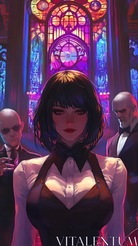 Violet-haired femme fatale beneath neon stained glass glow.