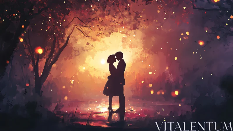 Romantic couple embracing beneath glowing golden lights
