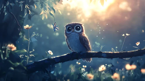 Whimsical baby owl on a branch in dreamy, soft-lit forest scene.