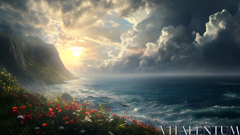 Coastal cliff meadow under dramatic sunset skies.