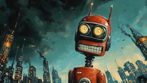 Red robot figure in dense futuristic cityscape at dusk.