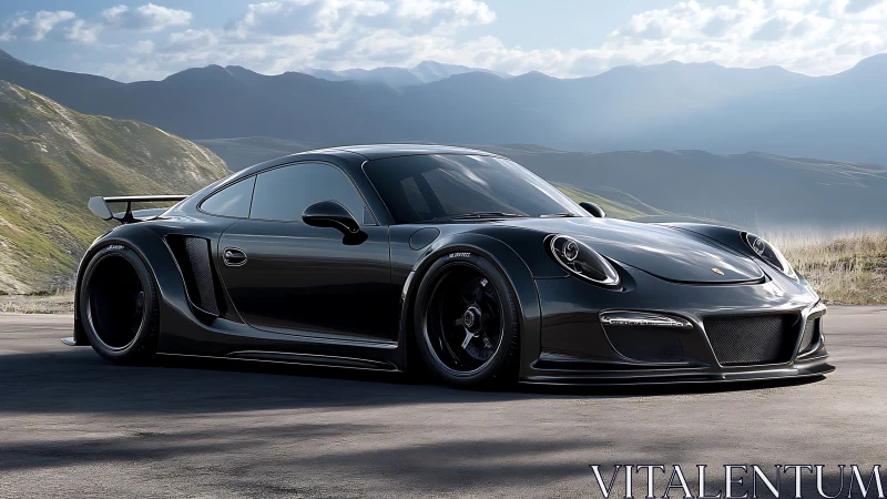 Modified black sports coupe on mountain roadside in daylight.