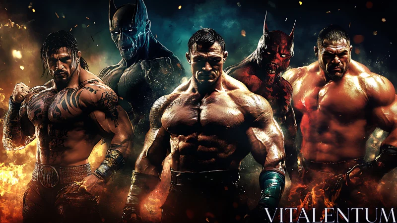 Muscular fighters and demonic figures stand in fiery arena