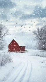Photorealistic red barn in snowfall with leading winter road.